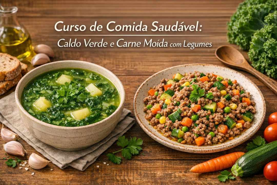 Curso de Comida Saudável: Caldo Verde e Carne Moída com Legumes